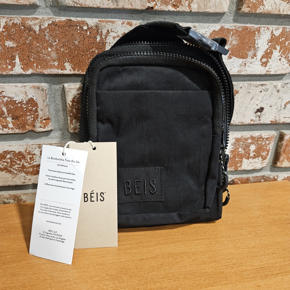 BÉIS The All-In-One Sling | Black Crossbody Travel Bag | Multi-Pocket Organizer